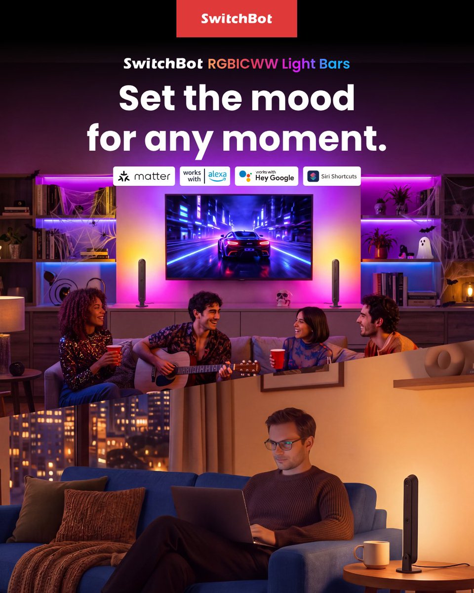 SwitchBot's tweet photo. One setup. Every mood. ✨
From focused work to colorful nights with friends, SwitchBot RGBICWW Light Bars bring the right light for every moment.
Discover more 👇
Amazon: https://t.co/2QKvLkjhT8
SwitchBot Official: https://t.co/dhbTMtuQPB
#SwitchBot #RGBICWW #SmartLighting https://t.co/IYe1CRUvaA