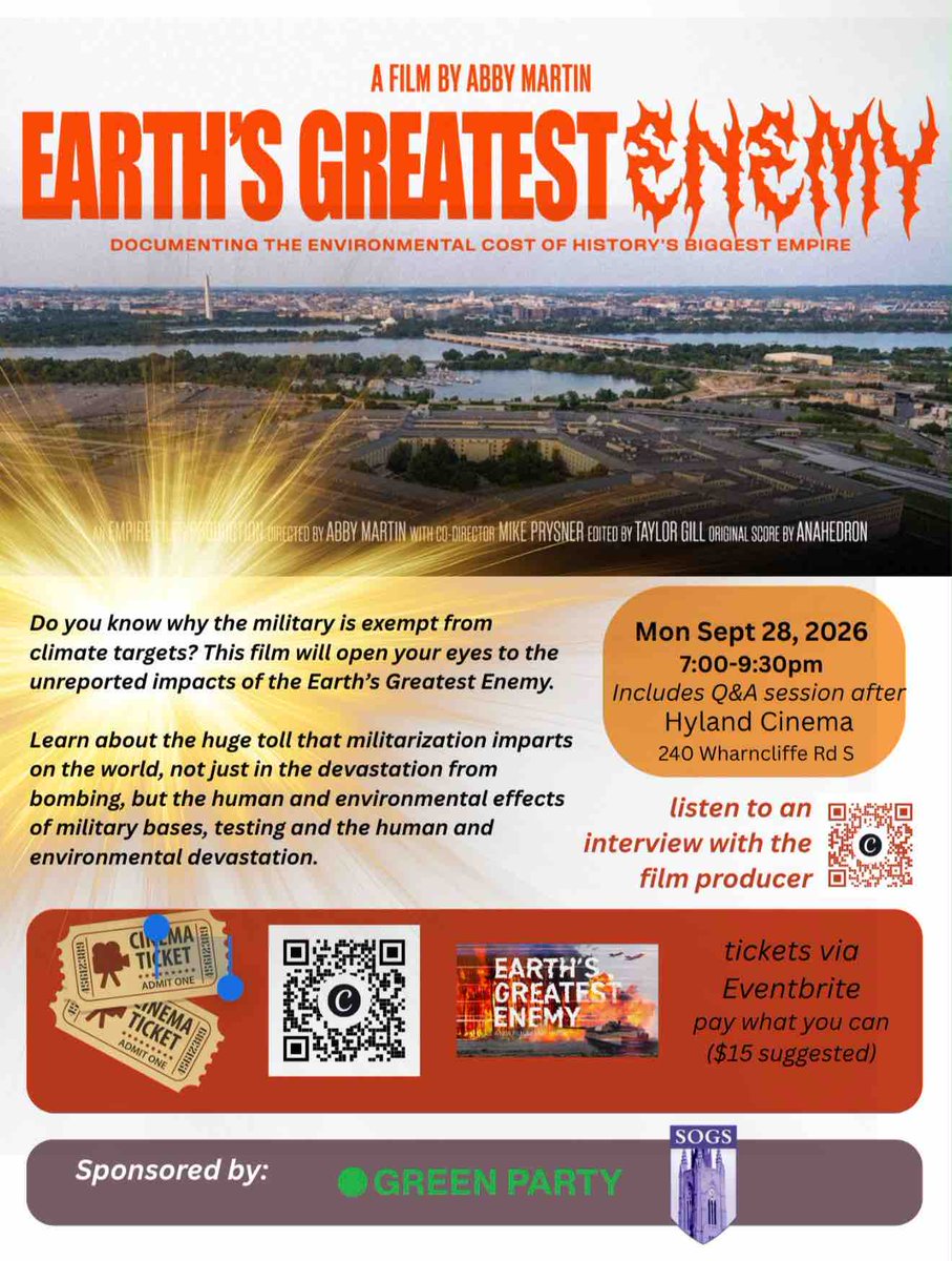 ppl4peacelndont's tweet photo. Screening of Earth's Greatest Enemy Monday September 28, 7 pm. Movie on the environmental costs of the US miliatry. One Screening only at #LdnOn @HylandCinema. Film-maker Abby Martin will appear by zoom. https://t.co/KEv9HiYOV6. @westernsogs https://t.co/SsaNapfQqU