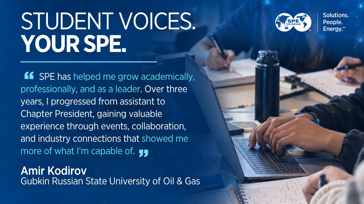 SPEtweets's tweet photo. 🎓 For students worldwide, SPE offers opportunities to learn beyond the classroom, build industry connections, develop leadership skills, and grow professionally.
Hear from Amir Kodirov about how SPE has shaped his journey.
🔗Learn more: https://t.co/Pdbo8LA9gl
#SPE https://t.co/BKlVdl6XEJ