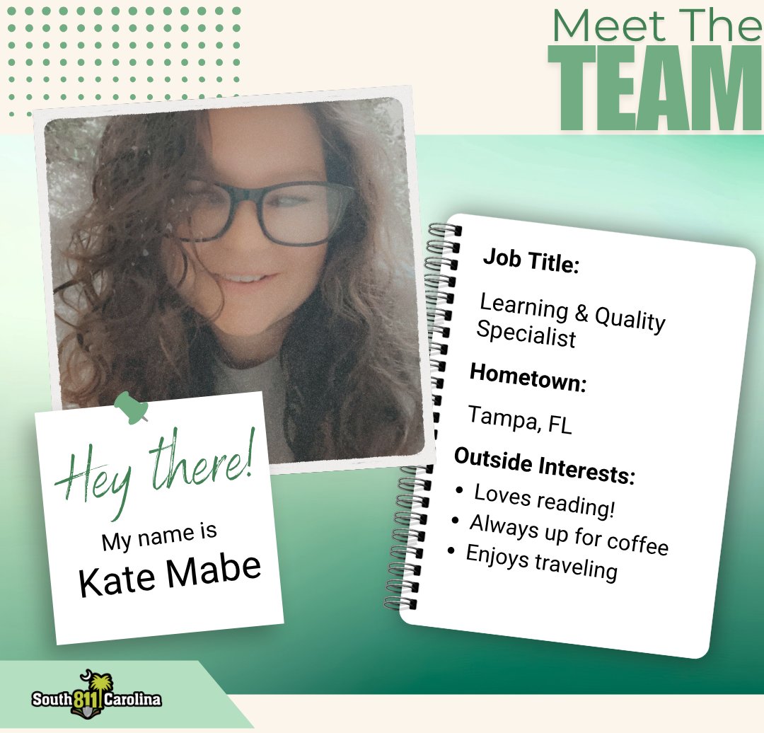 sc_811's tweet photo. It’s time to meet Kate! 👋 Get to know our Learning &amp; Quality Specialist and learn more about what she does behind the scenes at SC811 in our newest Meet the Team episode. Watch here:  https://t.co/S1IQHUMtWe

#meettheteam#newepisode #watchnow https://t.co/Tpb5ekJn1D