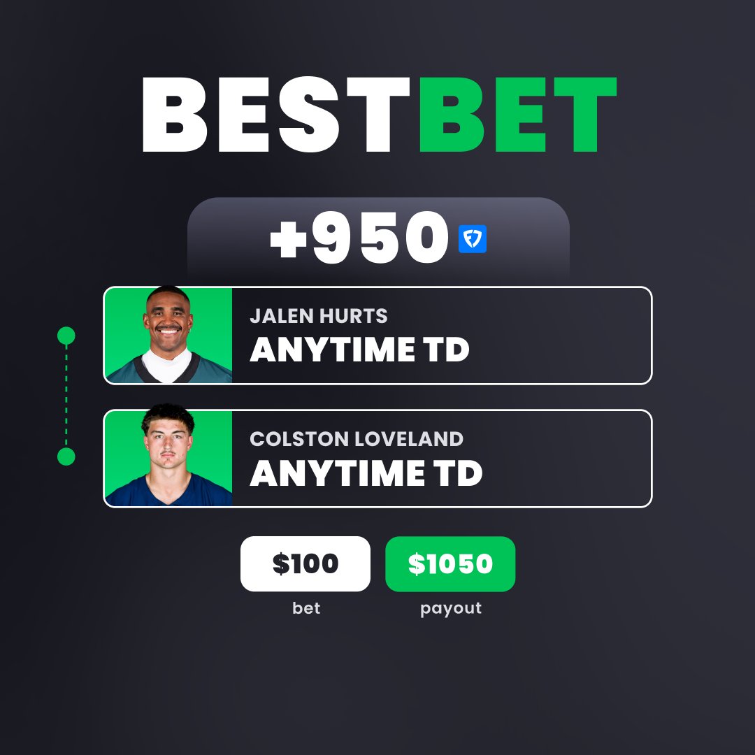 ActionNetworkHQ's tweet photo. 🏈 EAGLES vs BEARS MNF ATD PARLAY via @GDAWG5000 

🎯 JALEN HURTS ANYTIME TOUCHDOWN
🎯 COLSTON LOVELAND ANYTIME TOUCHDOWN

👇 Add Directly To Your Betslip
  https://t.co/Vo7f1xAhj1 https://t.co/hWzy3iVv8e