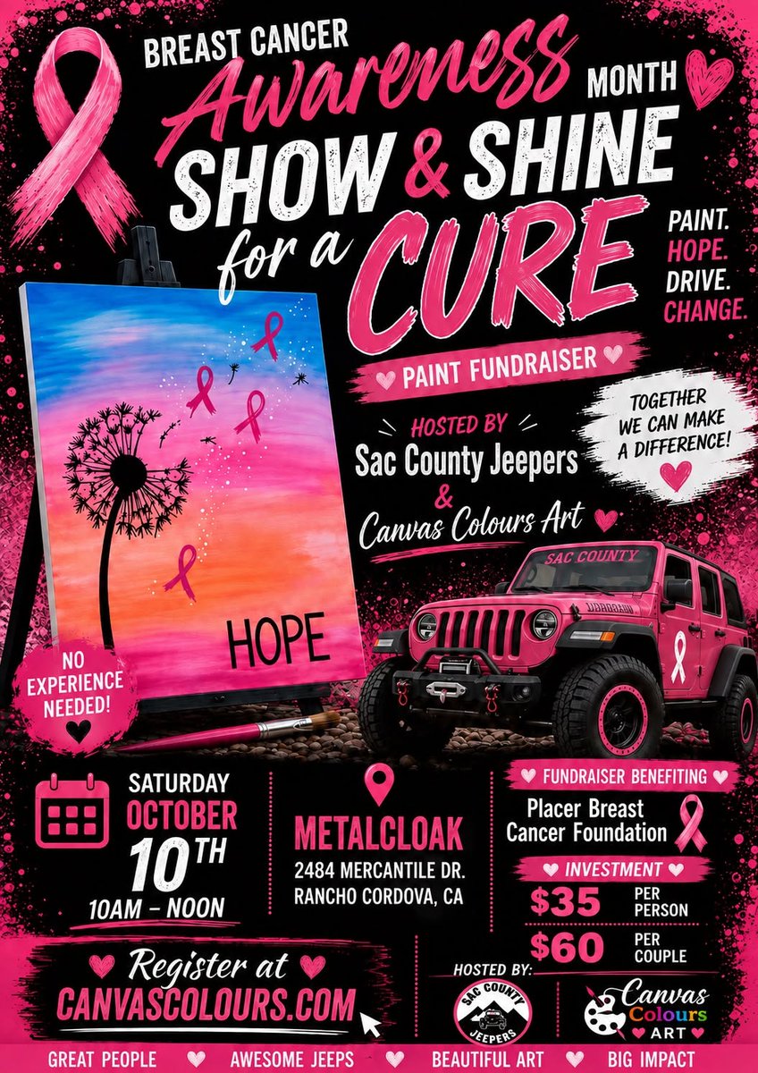 metalcloak's tweet photo. Show your ride & support the fight!

Join us October 10th at Show & Shine for a Cure! 💗

Come see some awesome Jeeps, do a little painting, & support the Placer Breast Cancer Foundation! 

Hosted by Sac County Jeepers & Canvas Colours Art
📆 Saturday, October 10th
🕘 10 AM - Noon
📍 MetalCloak HQ

Register Now! https://t.co/N2PTiOCEVf