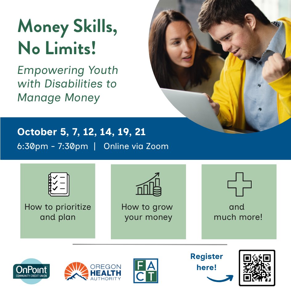 DisabilityRtsOR's tweet photo. Free money skills training for youth &amp; young adults with disabilities (14+) and their families! 6 sessions on budgeting, income sources, saving &amp; goal-setting.

🗓️ Oct 5–21, 6:30–7:30pm
Register: https://t.co/wcTfj3Qflt

#DisabilityInclusion #FinancialLiteracy https://t.co/c9JfX7aAF7