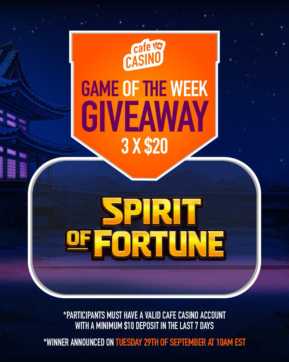 CafeCasinoLV's tweet photo. 🃏 Game of the Week giveaway is here! 

Win 3 x $20! 🎉

This week’s game is Spirit of Fortune! 

To enter:

Follow Cafe Casino
Leave a comment &amp; repost this post

⏰ Winners announced Tuesday, September 29 at 10AM EST.

Good luck! 🍀

Giveaway T&amp;Cs – https://t.co/Df4xLvEuhi 🔗 https://t.co/rbY4RCmA55
