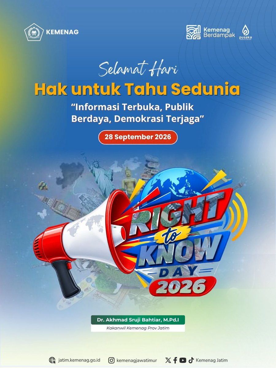 kemenag_jatim's tweet photo. 📢 Informasi adalah hak setiap warga negara.
Selamat Memperingati Hari Hak untuk Tahu Sedunia 2026.
#kemenagjatim
#HariHakUntukTahuSedunia2026 #RightToKnowDay2026 #KeterbukaanInformasiPublik #ppid https://t.co/HBO44YiYX6