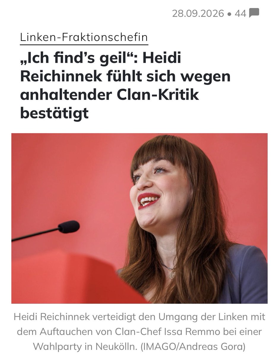 queru_lant's tweet photo. Heidi Reichinnek sieht sich durch die zahlreichen kritischen Berichte über die Anwesenheit des Clan-Chefs Issa Remmo bei der Wahlparty der Berliner Linken in ihrem Kurs bestätigt. Ihre Reaktion: „Ich find’s geil.“

Diese Frau ist geistesgestört. https://t.co/MXqON9kV2N