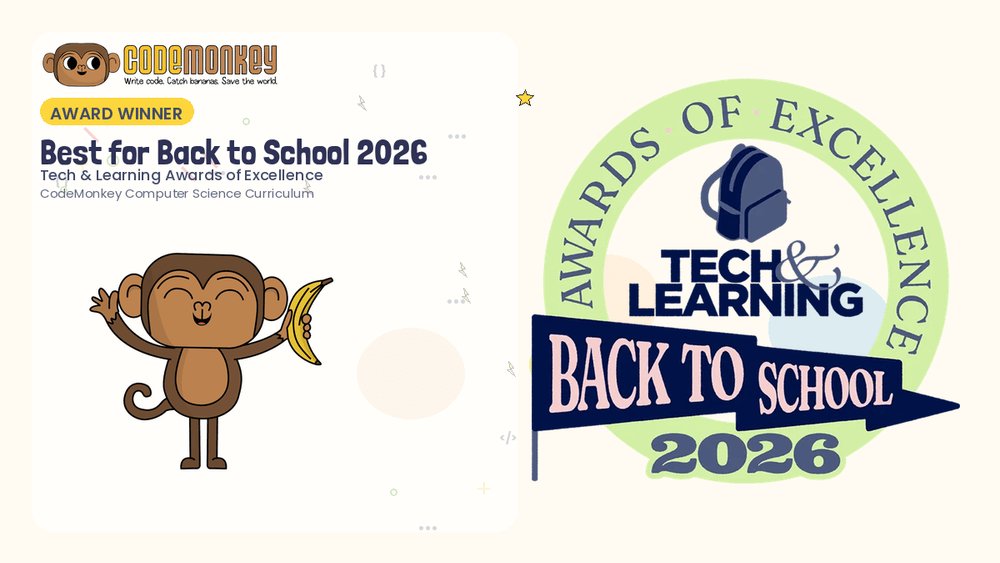 CodeMonkeySTU's tweet photo. Proud moment: CodeMonkey’s CS Curriculum won Tech &amp; Learning Best for Back to School 2026.
Block coding to real text coding for primary students. Thank you, Tech &amp; Learning! https://t.co/rM8Wze9Hls