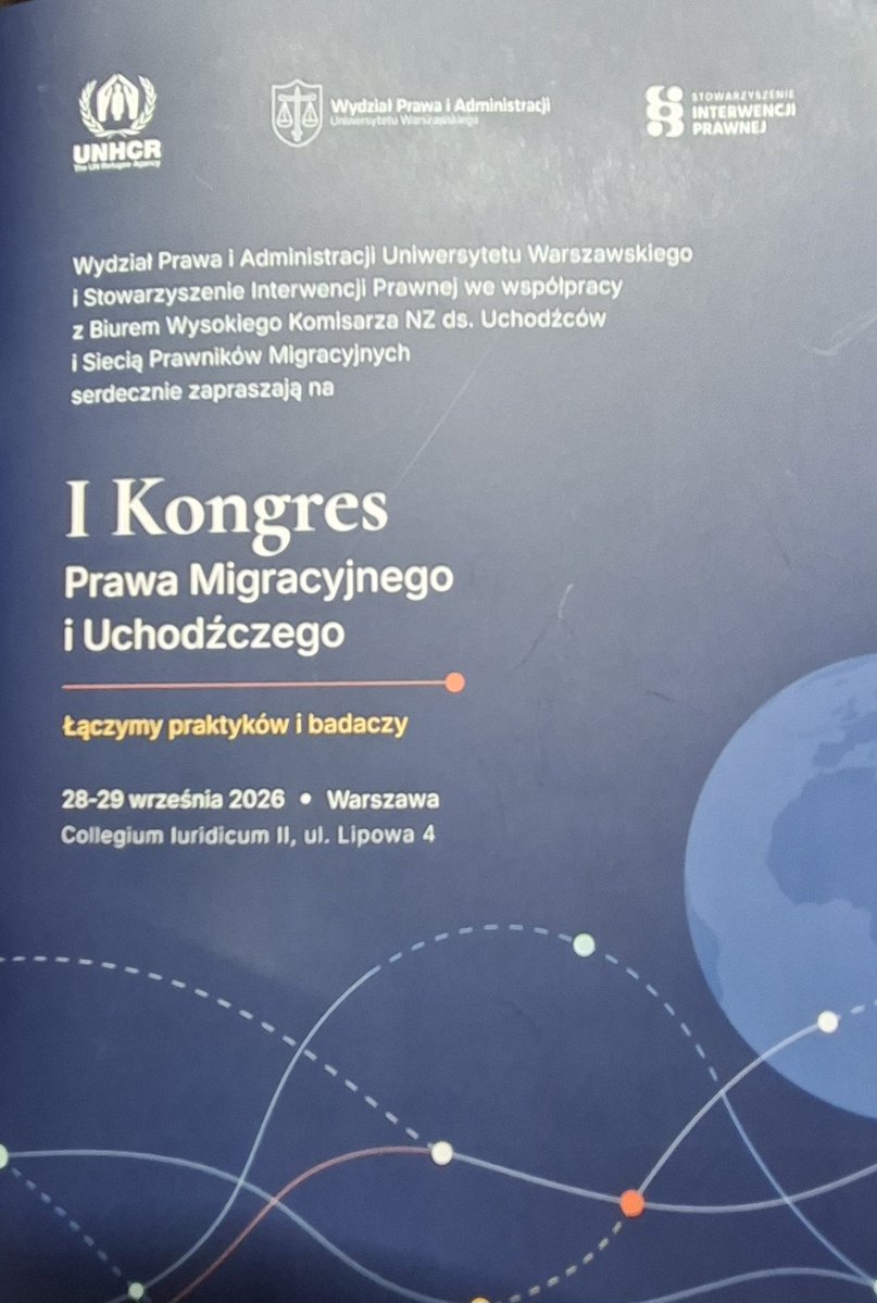 AnnaKa2525's tweet photo. I Kongres Prawa Migracyjnego i Uchodźczego
📍 Warszawa, 28-29 września'26

Dużo konkretów, wiedza o migracji, uchodźstwie i prawach człowieka.

@UNHCRPoland
@UniWarszawski 
@SIP_interwencja
@hfhrpl

Warto wiedzieć, o czym się mówi...

#Refugees 
#Migracja 
#PrawaCzłowieka https://t.co/3reRSu21gJ