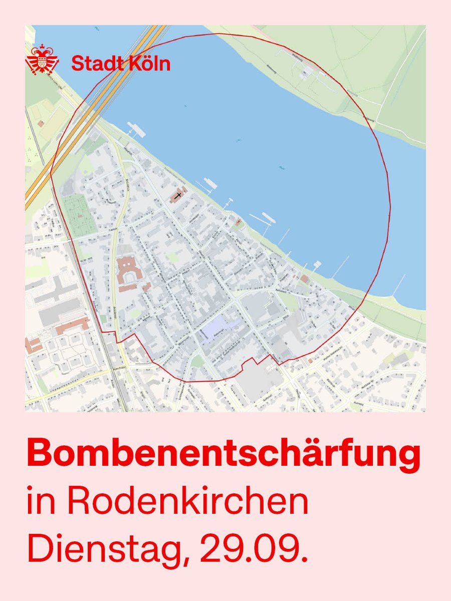 Koeln's tweet photo. In Rodenkirchen wurde heute ein Blindgänger aus dem Zweiten Weltkrieg gefunden. 

Dieser wird morgen, Dienstag, 29. September, entschärft. Die Evakuierung beginnt voraussichtlich ab 9 Uhr mit dem ersten Klingelrundgang. 

Zur interaktive Karte 👉  https://t.co/3adThOtzz6 https://t.co/sE5ybVvR2i