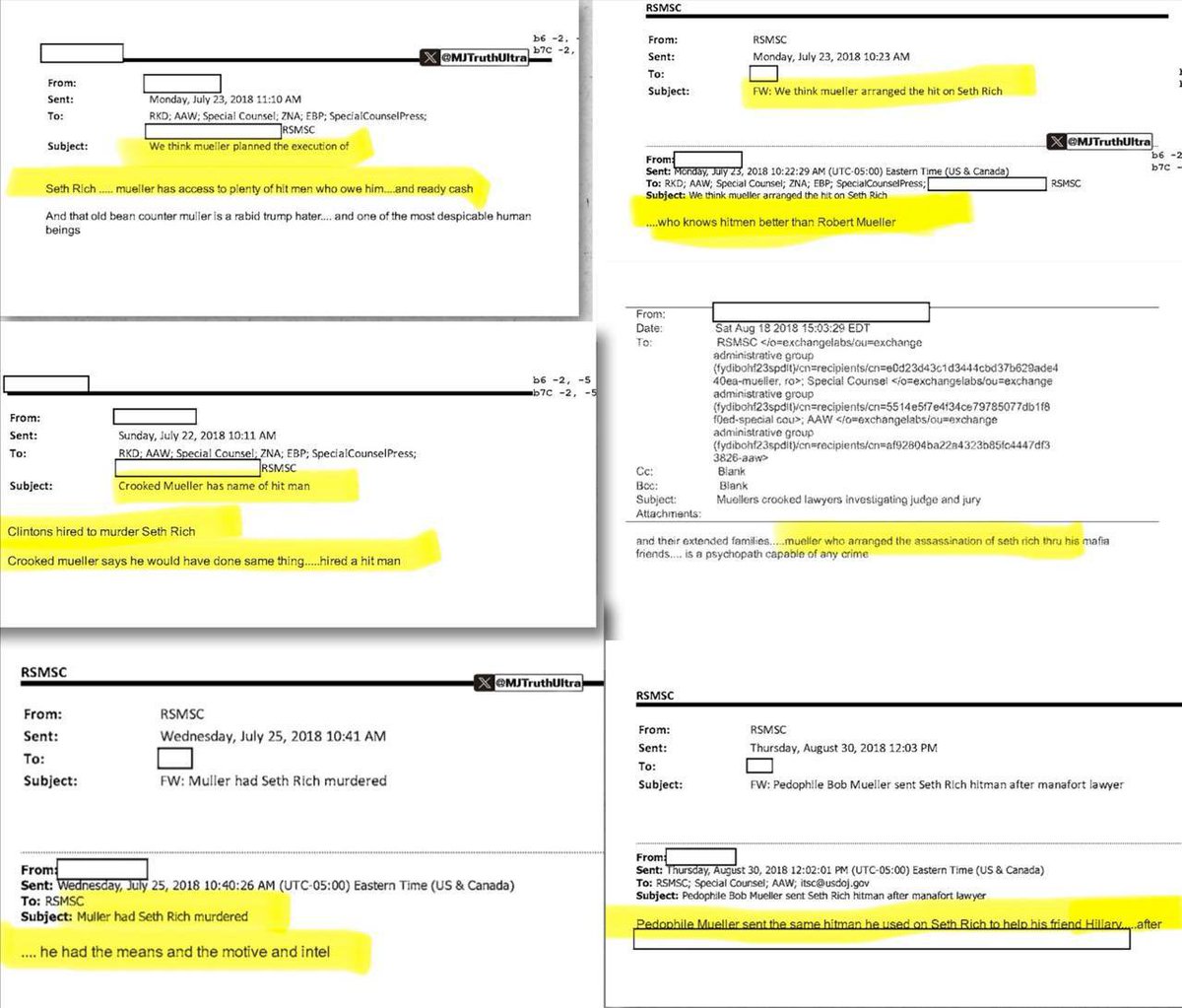 MJTruthUltra's tweet photo. Does this make the cut?

“The Clintons hired Mueller to murder Seth Rich.”

“Robert Mueller arranged, planned, or ordered the hit on Seth Rich.”

“Mueller had access to hitmen through “mafia friends” or people who “owe him”

“Pedophile Mueller sent the same hitman to help his friend Hillary after [redacted]”

“Mueller was a “rabid Trump hater,” “psychopath,” “crooked,” and involved in covering up or enabling the murder.”

One email even ties it to helping “his friend Hillary” and references a Manafort lawyer.

🔻 Context:
The authors are of these emails are unknown. They appear to be internal communications within or around the Special Counsel / FBI circles at the time.

They came via Freedom of Information Act (FOIA) requests and lawsuits, primarily by attorney Ty Clevenger.

FBI Soruce
https://t.co/7cklr856PF