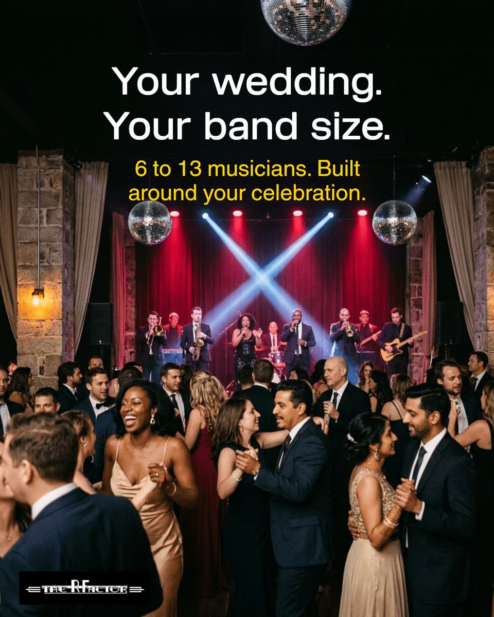 therfactorband's tweet photo. Pick the band size that fits your wedding vibe.

Choose 6, 8, 10, or 13 musicians for the room, guest count, and energy you want.

The R Factor keeps the same polished live sound at every size.

Book with confidence today. https://t.co/63PZCFwhrI https://t.co/vqFhALUrxN