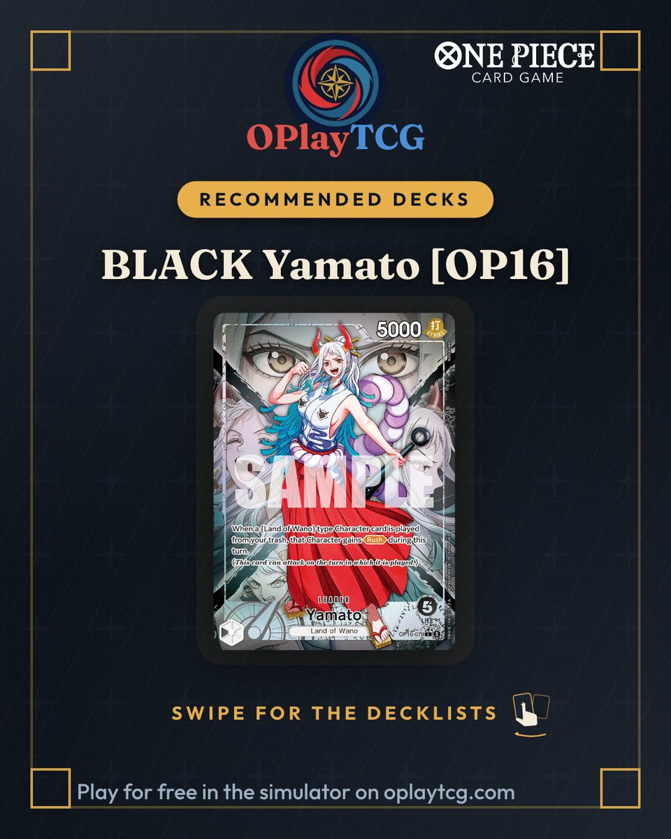 OPlayTCG's tweet photo. Recommended decks for Yamato (OP16): 3 real lists winning in ranked on OPlayTCG. Swipe for the decklists and play for free at https://t.co/pmjuVXlZoS
#OnePieceCardGame #OPTCG #OPlayTCG https://t.co/A1rvsXVyvd