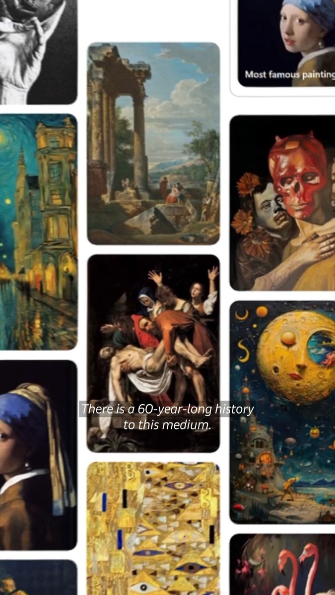 A collage of famous classical paintings including Vermeer's 'Girl with a Pearl Earring,' Van Gogh's 'Starry Night,' and Caravaggio's 'The Entombment of Christ,' with overlaid text reading 'There is a 60-year-long history to this medium.'