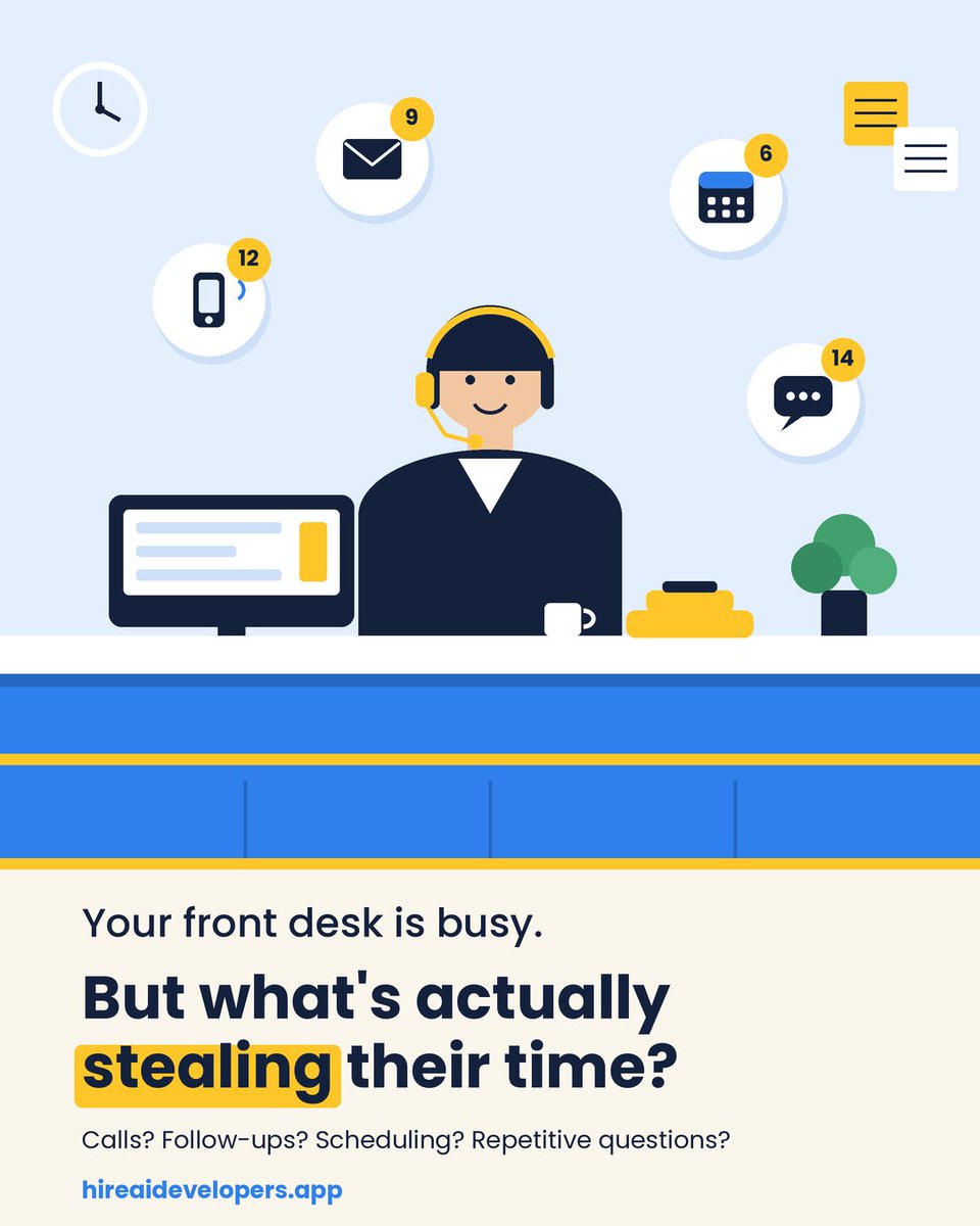 sashasmithai's tweet photo. Practice owners and managers: what takes up the most time at your front desk right now?
#PracticeManagement #MedicalPractice #FrontDesk #HealthcareAI #PatientExperience #HireAnAiDeveloper https://t.co/ZH8nupbO8e
