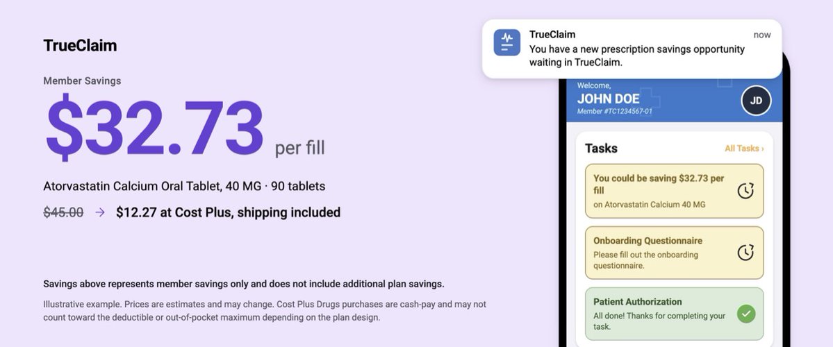 rwbayer's tweet photo. The first version of this feature ran on a spreadsheet.

One of the first prescription drug analyses we built at TrueClaim in 2023 compared every Rx fill against the @costplusdrugs rate list. We ingested those rates manually out of a weekly email.

Now, we're integrated with their API. Every day, new pharmacy claims get compared against Cost Plus rates. If a member would save more than $5 a fill, they get a notification — with what they paid, what it would cost, and the three steps to switch.

If you run a self-funded health plan and you want to see what our tools would turn up in your own data, reach out! #selfinsured #healthplan #digitalhealth