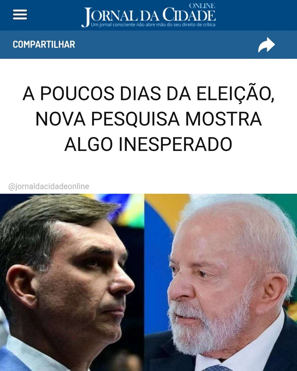 JornalDaCidadeO's tweet photo. A POUCOS DIAS DA ELEIÇÃO, NOVA PESQUISA MOSTRA ALGO INESPERADO

Faltando menos de uma semana para a eleição, a nova pesquisa BTG/Nexus, divulgada nesta segunda-feira, 28, mostrou algo muito estranho e inesperada.

Enquanto todas as pesquisas apontam o crescimento de Flávio Bolsonaro, esse levantamento mostrou o contrário.

Luiz Inácio Lula da Silva aparece com 42% das intenções de voto no primeiro turno das eleições, cinco pontos porcentuais à frente do senador Flávio Bolsonaro (PL), que aparece com 37%. Em uma eventual disputa de segundo turno entre os dois, a diferença diminui: Lula registra 46%, enquanto Flávio tem 44%. Considerando a margem de erro de dois pontos porcentuais, o resultado configura empate técnico.

O levantamento foi realizado a uma semana do primeiro turno, marcado para 4 de outubro. Na comparação com a pesquisa anterior, divulgada em 21 de setembro, Lula passou de 40% para 42% no primeiro turno. Flávio Bolsonaro permaneceu com 37%. No segundo turno, o presidente manteve os 46%, enquanto o senador oscilou de 45% para 44%.

A pesquisa BTG/Nexus foi realizada por telefone, por meio do sistema CATI, entre 25 e 27 de setembro. Ao todo, foram entrevistados 2 mil eleitores.

A margem de erro é de dois pontos porcentuais, para mais ou para menos, com nível de confiança de 95%. A amostra levou em consideração cotas de sexo, idade, escolaridade, tipo de telefonia e DDD.

O levantamento foi registrado no Tribunal Superior Eleitoral (TSE) sob o número BR-07557/2026.

Matéria do Jornal da Cidade Online