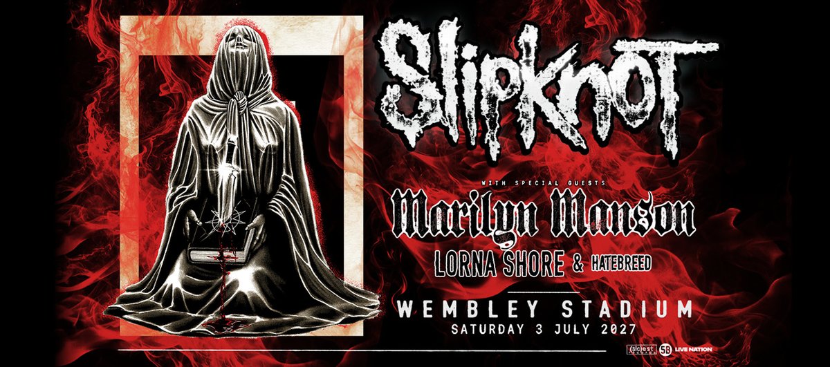 GoPrivilege's tweet photo. Slipknot are coming to Wembley Stadium. 

Saturday 3 July 2027, joined by special guests Marilyn Manson, Lorna Shore and Hatebreed. 

Register your interest now for premium tickets & hospitality with Go Privilege: https://t.co/Ha0tl72At2⁠ 

#Slipknot #WembleyStadium #Slipknot2027 #GoPrivilege