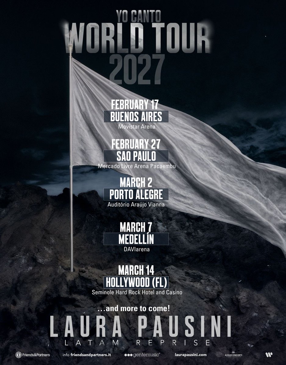 LauraPausini's tweet photo. READY TO SING TOGETHER AGAIN?! 🤍

YO CANTO WORLD TOUR REPRISE LATAM 🗡️ NEW SHOWS

📍 17 FEB. 2027 - Buenos Aires - Movistar Arena

📍 27 FEB. 2027 - Sao Paulo - Mercado Livre Arena Pacaembu

📍 2 MAR 2027 - Porto Alegre - Araújo Vianna Auditorium

📍 7 Marzo 2027 - Medellin - DAVIarena

📍 14 Marzo 2027 - Hollywood (FLORIDA) - Seminole Hard Rock Hotel And Casino

… and more to come! 

INFO HERE: https://t.co/eGYC2O1RH5