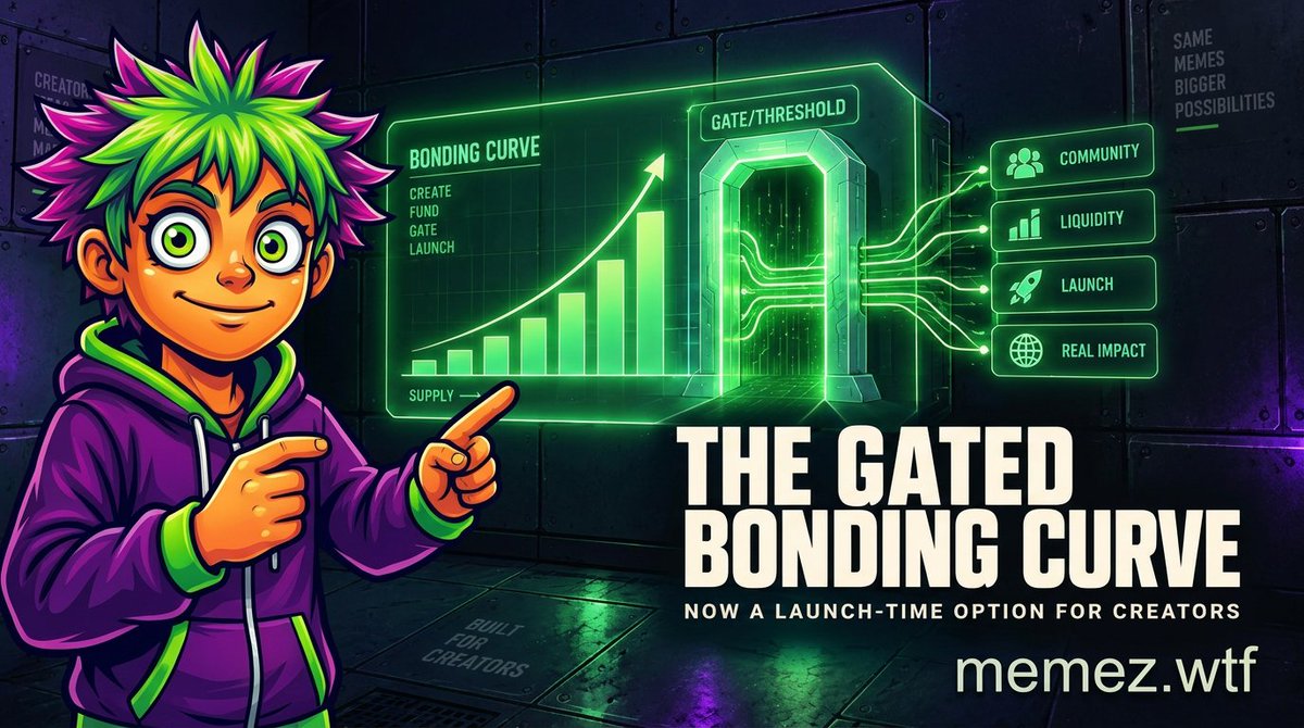 memezdotwtf's tweet photo. Creators asked for control over who gets in early. Today it ships.

The Gated Bonding Curve is now a launch-time option on https://t.co/iRxvUnhlup.

When you launch a coin, you choose:

🔓 Open curve (default) — your coin is visible and tradeable to every wallet, bot and chart site from the moment the curve has liquidity. Maximum reach, maximum discovery.

🔒 Gated curve — trading stays inside the https://t.co/iRxvUnhlup app while you build. No outside wallets, no bots, no screener listings until you say so.

And here's the part that matters: gated is not a trap door. It's one-way, in your favor. A creator who launches gated can open the gates at any time during the curve with one click — "Open to wallets and bots" — and from that moment the coin is public forever. It can never be re-gated. Public liquidity, once opened, can never be taken back.

Available on all 6 chains: Solana, Ethereum, BNB Chain, Base, Robinhood and GRAM.

Same curve. Same graduation. Same 90 SOL target. Your launch, your call.

Launch yours → https://t.co/iRxvUnhlup