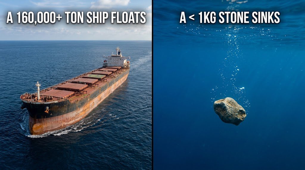 PHSailor1's tweet photo. Ever wondered how a ship of 160,000 tons can float, but a stone of less than 1kg sinks? https://t.co/Nd4Czeq5d1