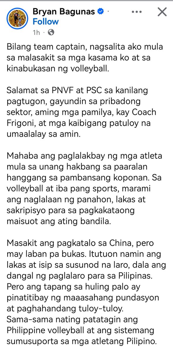 _madebykaii's tweet photo. “Bilang team captain, nagsalita ako mula sa malasakit sa mga kasama ko at sa kinabukasan ng volleyball.”

“Itutuon namin ang lakas at isip sa susunod na laro, dala ang dangal ng paglalaro para sa Pilipinas.”

Captain Bryan Bagunas! 🫡🇵🇭

#AlasPilipinas https://t.co/doq8c8yItS