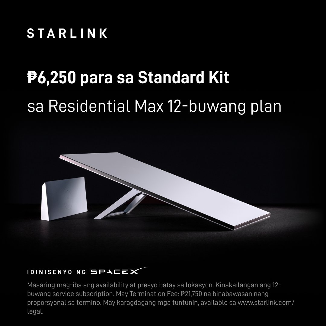 Starlink's tweet photo. Naghahatid ang Starlink ng maaasahang high-speed internet kahit sa pinakamalalayo at rural na lugar. Umorder ng Standard Kit sa halagang ₱6,250 kasama ang 12-buwang plan na Residential Max.