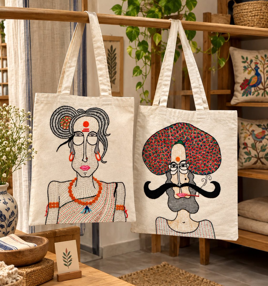 Ahambhumika's tweet photo. Hand embroidered tote bags. One of a kind. Fabric cotton, pre washed, pre-shrunk and colourfast. To order please DM. https://t.co/zIMe69YvWa
