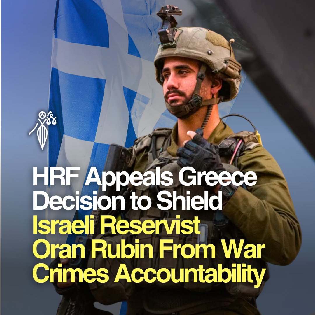 HindRFoundation's tweet photo. 🚨🇬🇷 The #HindRajabFoundation appeals Greece decision to shield Israeli reservist Oran Rubin from war crimes accountability. Greek authorities refused to investigate despite clear evidence — claiming "lack of jurisdiction" instead of upholding international law.

➡️ More → https://t.co/pcwlCXiC2o