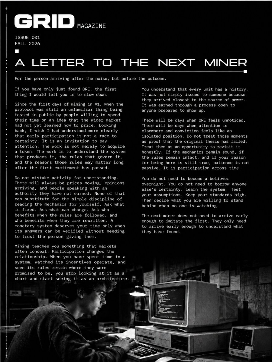 ORE's tweet photo. A Letter to the Next Miner

From GRID Magazine, Issue 001 by @networkstate001 https://t.co/gltHjHK96q