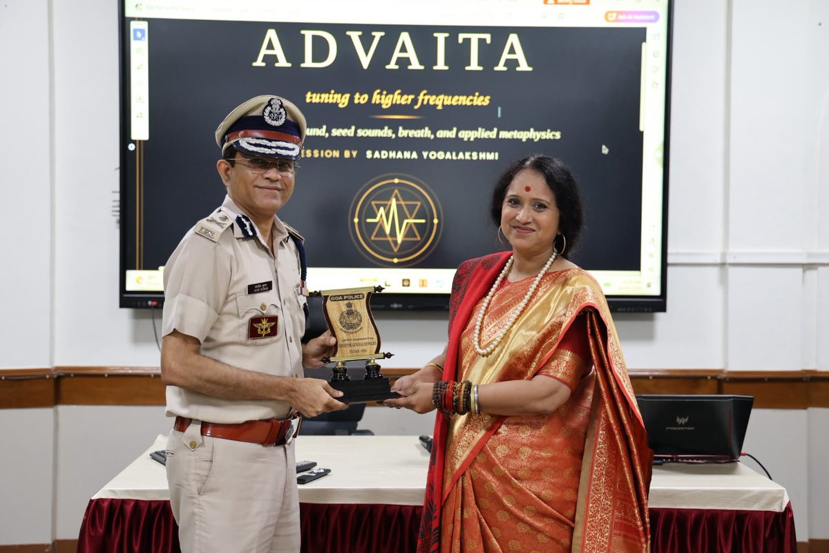 Goa_Police's tweet photo. The Goa Police organized a sound healing and spiritual wellness training session for women police officers.
​The program was inaugurated by DGP Shri Alok Kumar, IPS, and conducted by Ms. Sadhana Yogalakshmi, founder of Advaita and NYASAA. Key highlights of the session included:
​Sound Healing Practices, Used sound frequencies to promote relaxation, emotional balance, self-awareness, and inner harmony.
​The session Taught principles of self-love, acceptance, and forgiveness.
​ Attended by a group of female officers from the Goa Police force to support their spiritual well-being.