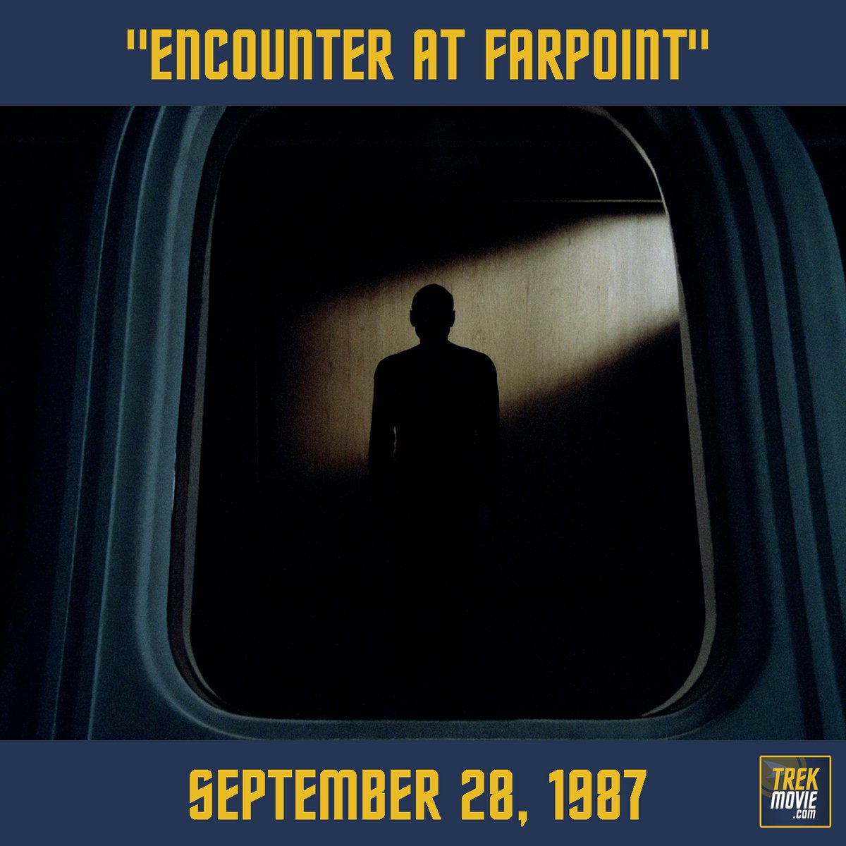 TrekMovie's tweet photo. 39 years ago today, Star Trek: The Next Generation premiered with the 2-parter "Encounter at Farpoint." which included an appearance by DeForest Kelley as Dr. McCoy passing the torch to the new cast and crew. Were you watching that day? What did you think? #StarTrek https://t.co/sb30eL2wMV