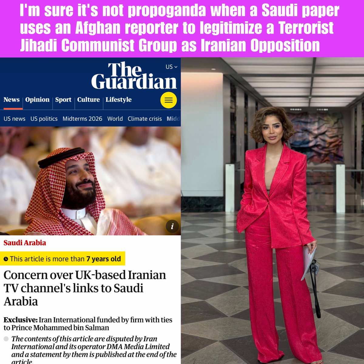 AbteenVaziriTX's tweet photo. We don’t need a Saudi paper @IranIntl_En using an Afghani reporter @marziahussaini0 to tell us that a Communist Jihadi Terror Cult is somehow a legitimate Iranian opposition! And if the Saudis and @IranIntl_En don’t issue an apology and fire this imbecile, they will also have to deal with the wrath of the Iranian people! Every Iranian will unfollow Iran International for running a propoganda operation against the will of the Iranian people