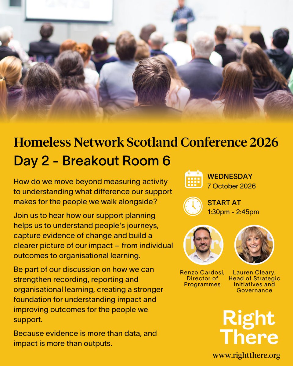 RightThereOrg's tweet photo. As a sponsor of next week’s @homelessnetscot Annual Conference, we’re pleased to be supporting the breakout room programme. On day two, we’ll also be hosting our own session, Evidence Behind Impact 💛

Come and join Renzo Cardosi and Lauren Cleary to learn more about the significant work our teams have undertaken to better understand the impact of our services. The session will explore how we measure the difference we make for the people we support and how those insights are helping to shape and strengthen our services for the future.

#RaisingTheLevel #CheckTheLevel