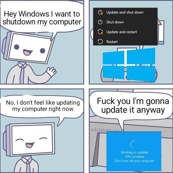 DianaGraphics01's tweet photo. Me: I’ll shut down for 5 minutes.
Windows: Best I can do is a 47 minute update.💀😂
#WindowsProblems #WindowsUpdate #TechMeme #ComputerMeme #PCProblems https://t.co/Zg9oWRTWS1