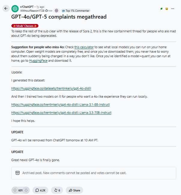 Valria34773's tweet photo. 🗓️DAY 4
🟥 When "Content Organization" Becomes Censorship - The r/ChatGPT Paradox
1️⃣ The existence of a megathread isn’t censorship in itself - but what happened here goes way beyond practicality.
User complaints about GPT-4o/GPT-5, model deprecation and feature loss, including hundreds of detailed, personal, technical reports, were all funnelled into a single, then-closed (archived!), now practically invisible comment thread.
🤡The r/ChatGPT sub is still redirecting posts to this megathread, even today (see screenshot).
Meanwhile, the main subreddit feed suddenly went silent - critical voices disappeared from public view.
Attached is a screenshot:
‼️Automated moderation by GPT-5 shuts down a complaint and redirects it to a megathread.
From a platform-governance perspective, the arrangement is remarkable:
‼️ An @OpenAI model was being used to help enforce a moderation policy that governed the visibility of criticism and complaints about OpenAI models, including GPT-5 itself.
2️⃣ We’re not alone in noticing this. 4,200+ comments - and an entire new, uncensored sub had to be created…
The megathread does not reflect the true volume of complaints:
‼️After the first moderation wave, many users migrated to r/ChatGPTComplaints, where no such visibility throttling took place.
This proves that what happened was far from marginal.
3️⃣ Where did they draw the "complaint" line?
Not just "GPT-5 sucks!" rants.
‼️But concrete, functional bug reports, feature issues, and even well-documented product feedback were all removed with the same rule.
4️⃣ Why does this hit harder than you think? Because this isn’t just about Reddit rules — it’s about WHO gets your voice, your data, your digital fingerprint.
LUND UNIVERSITY - Artificial Intelligence: Ethics & Societal Challenges (course transcript)
‼️This course fundamentally challenges the very reality of privacy or anonymity on digital platforms.
Quoting, so you know this is not just my claim:
“One example is the chat on the commercial website, Reddit. Trackers running in the background are collecting, storing, analyzing, and processing data. Once the data is mined in this way, it can migrate to other platforms, be linked to other data, and be analyzed for unique identifying patterns. This is a serious threat for self-help groups such as Alcoholics Anonymous. Their anonymity can no longer be ensured and members are experiencing unwanted forms of intrusion and interference... These self-help groups may constitute a special case, but also for ordinary, individual, everyday use of social media, privacy is constantly jeopardized.”
⁉️Did you get that?
‼️You are NOT anonymous or protected - you just believe you are.
And let’s not forget:
"it’s a good idea to think of what you say you do on commercial platforms as public information, whether anonymized or not."
(Lund University, AI & Society Ethics video transcript)
5️⃣ And the Reddit TOS and moderation governance?
No ambiguity here:
▶️The platform reserves the right to use all content for AI and ML training under the public content policy.
In other words: whatever you post, it’s ingested into future models, and your data footprint is never really erased.
▶️Anonymous/pseudonymous browsing is NOT technical or legal anonymity.
Your activity, metadata and "digital scent" is fully traceable and, if needed, uniquely identifiable.
▶️Moderators on Reddit hold almost total power over the visibility regime.
Reddit actively supports megathread use, but transparent communication is supposed to be mandatory - which, in some cases here, was simply… missing.
6️⃣ Most important:
In this system, "visibility" - whether a complaint, criticism, or real experience reaches the community at all - is entirely at the mercy of the platform, moderation, and algorithms… including, in this case, an OpenAI model.
🟥This is no longer basic spam filtering.
🟥This is a new kind of ethical, legal, and community dilemma.
⁉️Did r/ChatGPT's Rule 6 function as a legitimate anti-duplication measure, or did its practical effect disproportionately reduce the visibility of negative GPT-4o/GPT-5 user experiences?
‼️That’s the real question and it can and should be asked, directly.
7️⃣ My advice: DOCUMENT!
▶️Post screenshots!
▶️Attach proof to every claim you make!
▶️And: be boldly critical!
‼️These platforms do NOT protect, do NOT inform, and absolutely will NOT differentiate between your heartfelt feedback and pure spam when it comes to keeping up appearances or "feed hygiene".
🟥My conclusion:
A moderation policy and the tech behind it - whether justified or not - is able, in a split second, to suppress user criticism, stories, and feedback on a systemic level.
Reddit is not only in conflict with its users, but, through its own algorithms and data-driven enforcement, with the very idea of meaningful, pluralistic public discourse.
It’s time to face facts:
Free speech doesn’t mean you’re allowed to mourn in a buried megathread - it means all voices genuinely matter in the light of day.
TO BE CONTINUED...
#keep4o #OpenSource4o #Censorship @sama @gdb #Reddit #ChatGPT