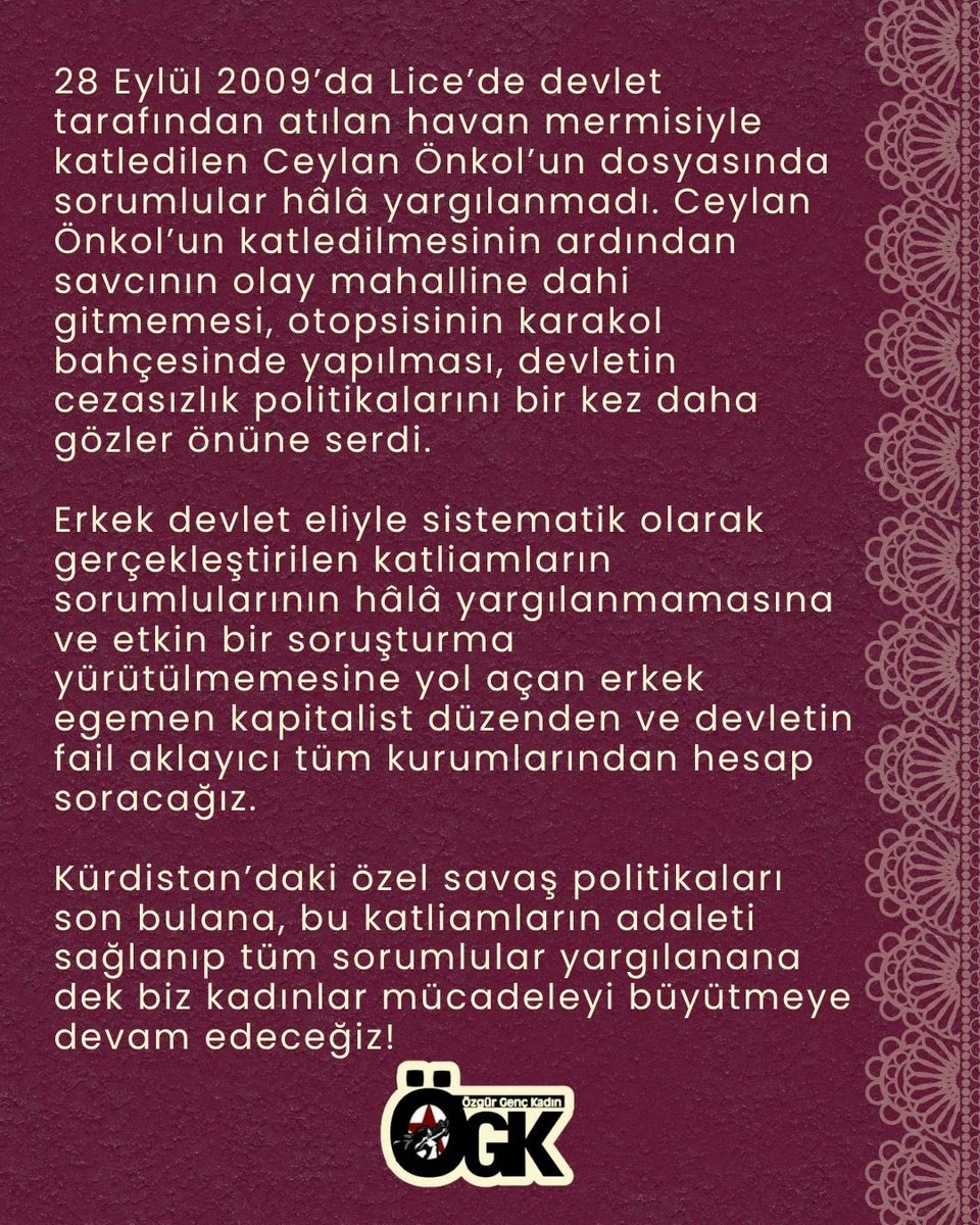 OzgurGencKadin0's tweet photo. 28 Eylül 2009’da Lice’de devlet tarafından atılan havan mermisiyle katledilen Ceylan Önkol’u unutmadık. https://t.co/TshMbp9iqu