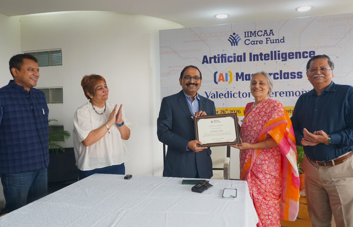 IIMCAACare's tweet photo. What began as an experiment in artificial intelligence (AI) upskilling, became a continuous learning journey!

The third and fourth sessions of IIMCAA Care Fund’s AI Masterclass were conducted on September 19, 2026 and September 26, 2026. The fourth and concluding session at India Habitat Centre, New Delhi, was attended by several participants who received their completion certificates from chief guest Dr. K. G. Suresh, Director, India Habitat Centre in the presence of Mr. Nitin Pradhan, Chairman, IIMCAA Care Fund and Mr. Sushil Singh, President, IIMCAA. Office bearers of IIMCAA including Mr. Atul Gupta, General Secretary, IIMCAA, Ms. Deeksha Saksena, Treasurer, IIMCAA, along with IIMCAA Care Fund trustees, Dr Simrat Gulati, Ms. Gayatri Rath, Mr. Animesh Biswas, Mr. Ritesh Verma and several alumni volunteers were present.

Led by alumnus and Editor-in-chief, PR Moment India, Ms. Paarul Chand, the concluding session focused on one of the most rapidly evolving applications of AI in communication: visual asset generation.

The session built on the previous class, conducted online on September 19, which took participants through the practical use of AI for research, verification and audience-specific communication. Through a hands-on case study, participants worked with the same brief to create both a news story and a press release.

In their feedback at the end of the last session the participants shared their experience and recommended continuation of AI learning. The first AI Masterclass may have concluded, but the learning does not have to. 01/03

#IIMCAA #IIMCAACareFund #AIMasterclass #AIinMedia #IIMCAlumni

@kg_suresh | @pradhnitin | @_sushilsingh | @simratgulati | @grath | @PaarulC | @BiswasAnimesh | @RiteshIIMC | @atuljurno | @DeekshaSaksena | @aryasadhna | @IIMCAA