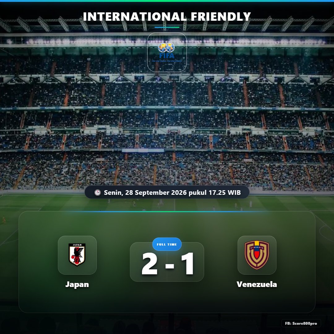 Tigoals's tweet photo. ๐ข FULL TIME
โฝ Japan 2 - 1 Venezuela
๐ International Friendly
๐ Senin, 28 September 2026 pukul 17.25 WIB
Follow:
Facebook: Score808pro
#score808pro
#fulltime
#livescore
#hasilpertandingan
#tigoals https://t.co/EyprDkdfTD