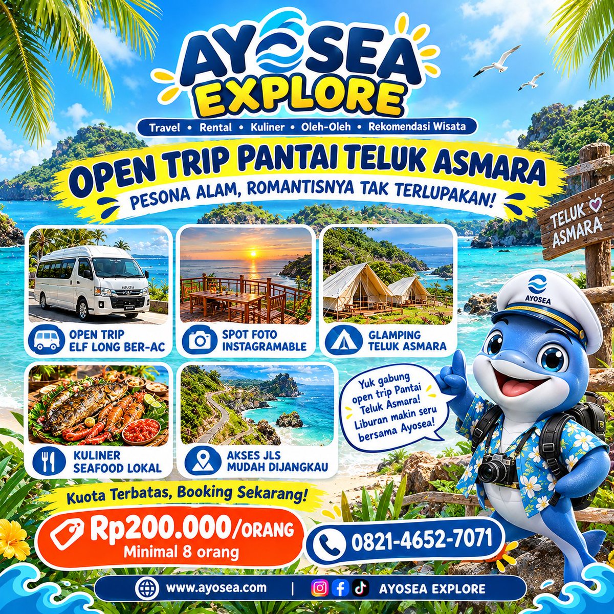 ayoseaexplore's tweet photo. Wisata Malang Selatan yang satu ini wajib masuk list: Pantai Teluk Asmara. Ada open trip Elf ber-AC, glamping, sama seafood lokal, Rp200.000 per orang (min. 8 orang). Info di https://t.co/bXjmi9Ac7e atau chat 0821-4652-7071. https://t.co/gfH4896r9l