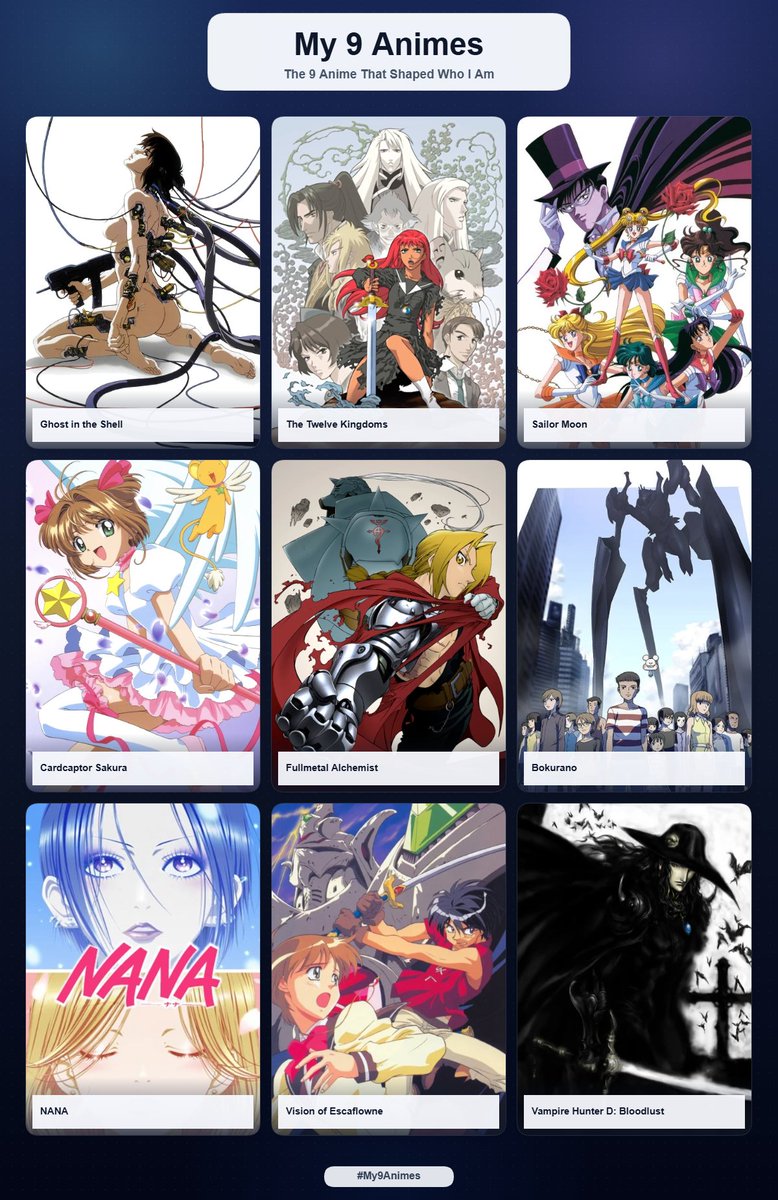 PixelTyto's tweet photo. top 9 anime that shaped Pixel! I may be dating my self a bit but my tastes are also all over the place. I wanted to put more in but only 9 slots. All of these animes had an impact on me https://t.co/kAYzKJNjNy
