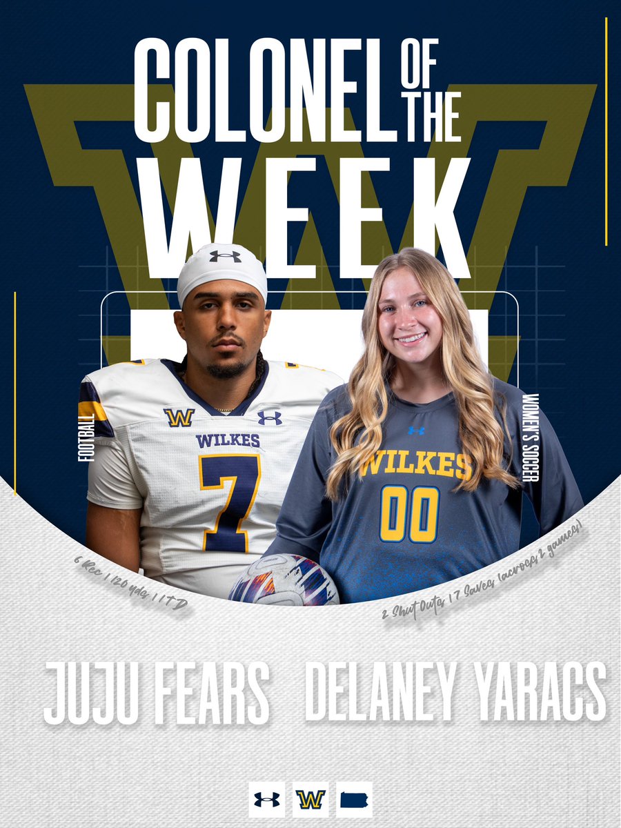 WilkesColonels's tweet photo. Let’s hear it for this week’s Colonels of the Week!

Fears had his second-straight 100+ yard game, with 120 and a touchdown against Montclair State!

Yaracs made seven total saves with two shutout wins over Mount Aloysius and Elizabethtown!

#WilkesFB #WilkesWSOC #EarnYourRank https://t.co/XYylhsICzS