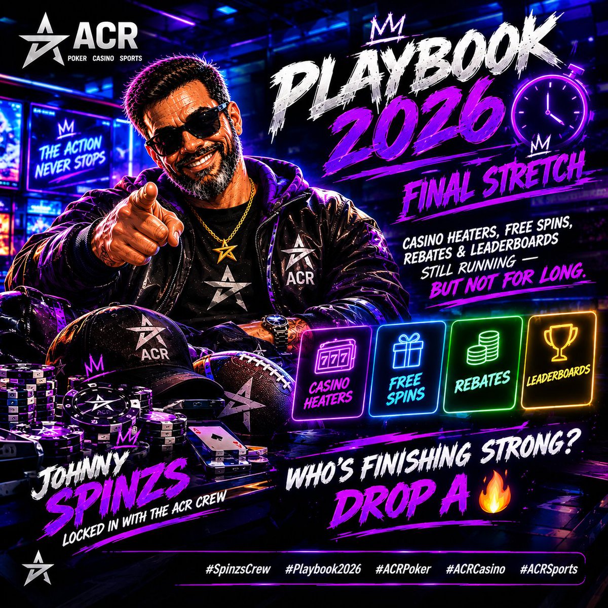 JohnnySpinzs's tweet photo. Playbook 2026 ⏳ Final stretch! 🔥
Free spins, rebates &amp; leaderboards still running.
Drop 🔥 if you’re finishing strong!
https://t.co/L1XbuJYL0Z
#SpinzsCrew #Playbook2026 #ACRPoker #ACRCasino #ACRSports https://t.co/GLtV85QO1H