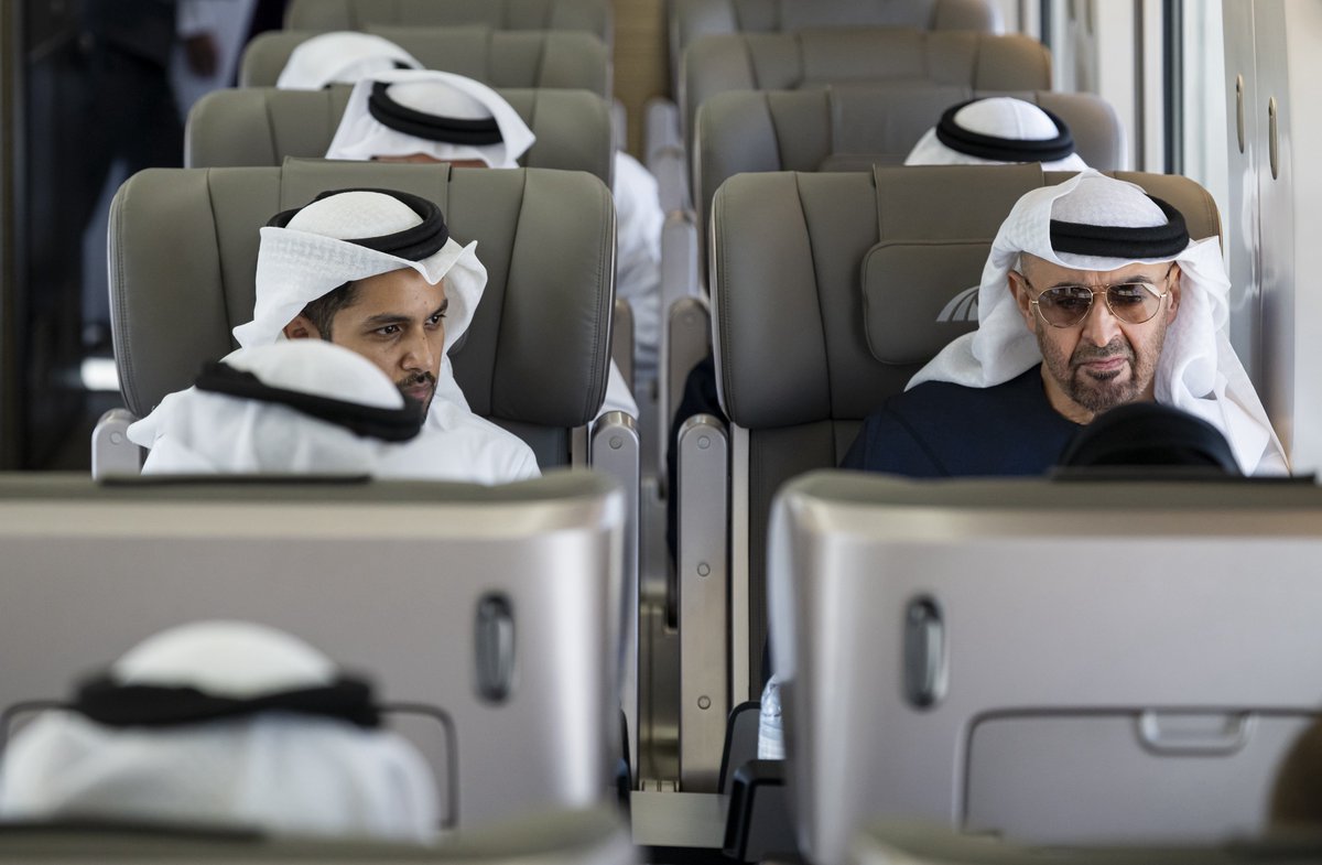 Mohammad_ae's tweet photo. #رئيس_الدولة يستقلّ قطار الاتحاد من أبوظبي إلى دبي.. حمدان بن محمد وذياب بن محمد بن زايد يدشنان محطة قطارات الاتحاد في دبي https://t.co/E8SycwjDiL
