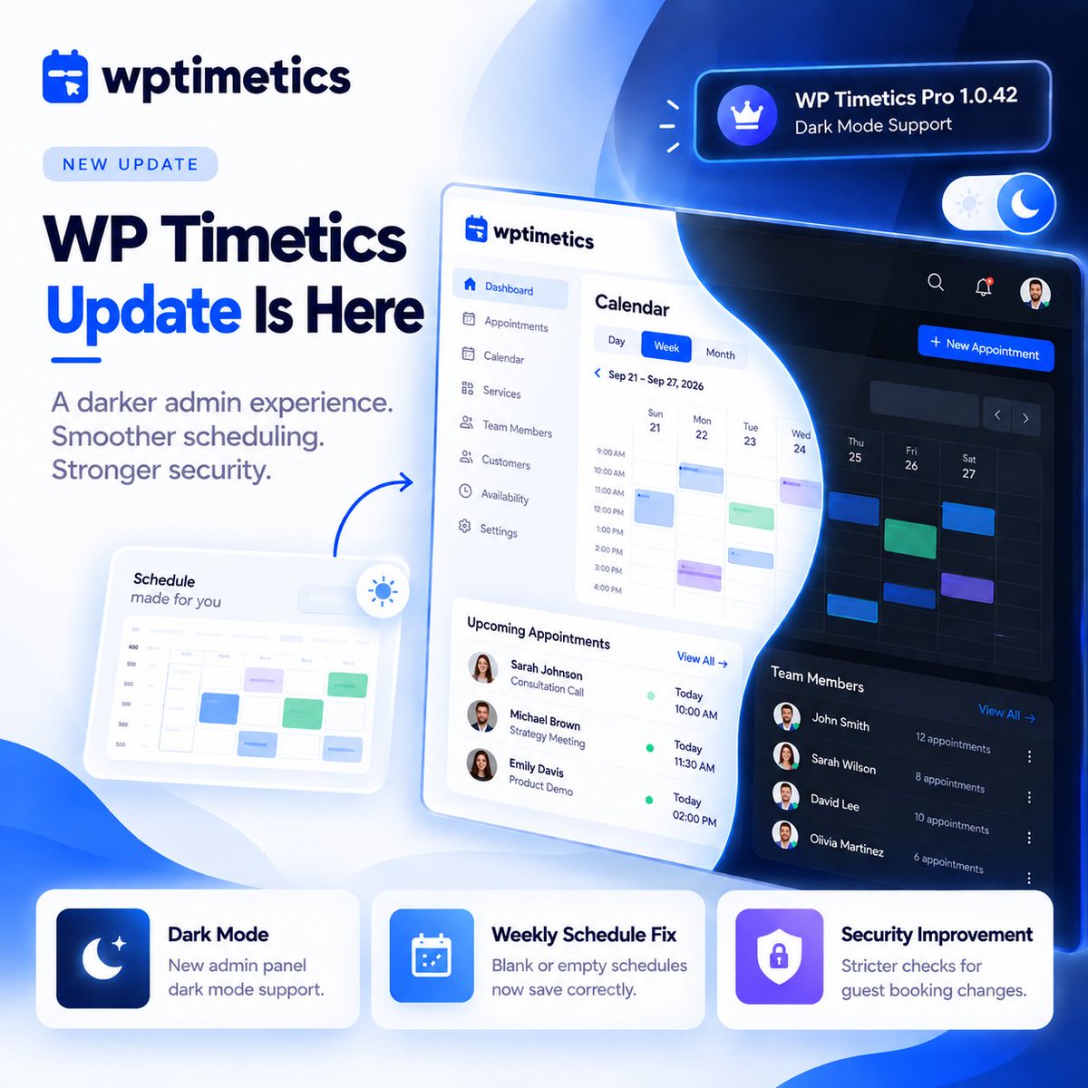 arraytics's tweet photo. 🌙 #WPTimetics 1.0.64 is live!

✨ New admin Dark Mode
🛠️ Fixed weekly schedule saving issues
🔐 Stricter security checks for guest booking changes
Plus, WP Timetics Pro 1.0.42 now supports Dark Mode too. 🚀

#WordPress #AppointmentScheduling https://t.co/t5GEXcl6aa