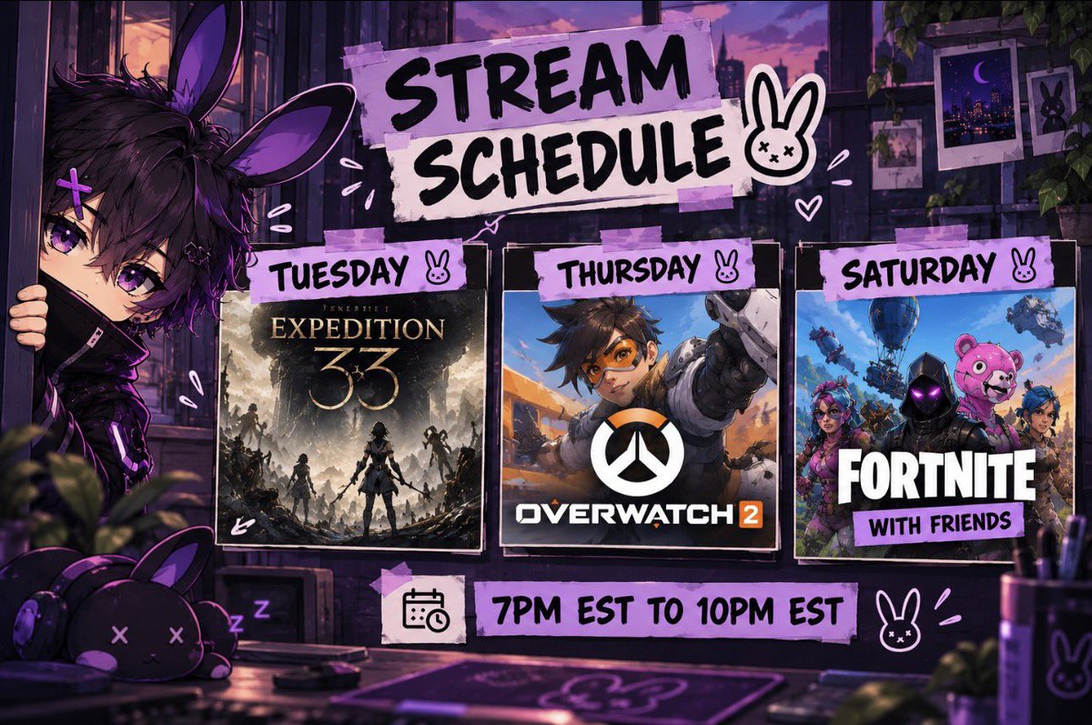 MidnightHareVT's tweet photo. THE BUNNY BRIGADE SCHEDULE FILES HAS BEEN RELEASED 

Three nights. Three games. Maximum chaos. 🎮

TUESDAY — Expedition 33
THURSDAY — Overwatch 2
SATURDAY — Fortnite 

⏰ 7PM–10PM EST

Come hang out, bring the chaos, and say HOWDY 👋🐰

Which night are you showing up for? 👀 https://t.co/YpvBU7IQ0w