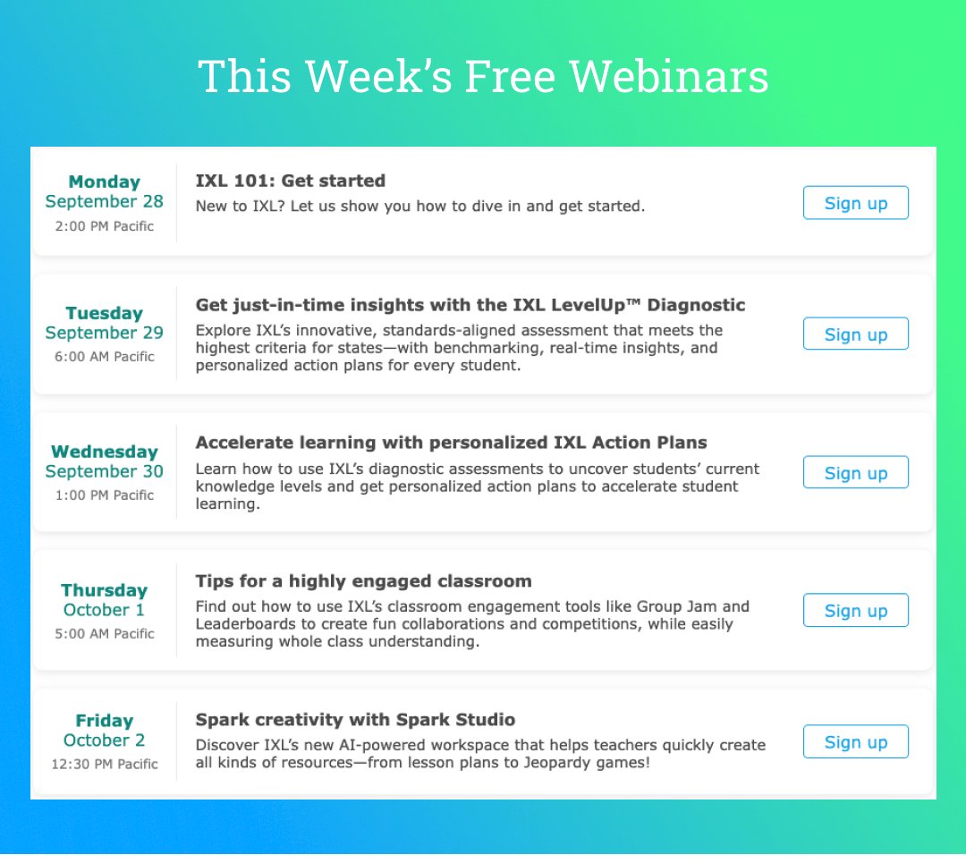 IXLLearning's tweet photo. Join our complimentary webinars this week to learn about the IXL LevelUp Diagnostic, Action Plans, Spark Studio, and more! 

Sign up here: https://t.co/7726ryj1AU https://t.co/C2CGST5nU9