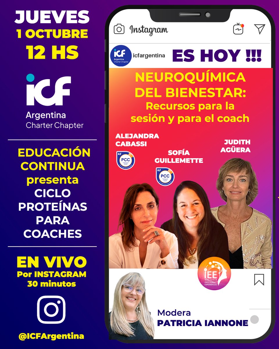 ICFArgentina's tweet photo. ES HOY !!!

Vivo Instragram ▶️ PROTEÍNAS PARA COACHES 💫

Modera Patricia Iannone.

📅 Jueves 1 de octubre · 12 h
🔴 En vivo por Instagram · 30 minutos

IG: @icfargentina

¡Te esperamos! https://t.co/M84xIWHYFL