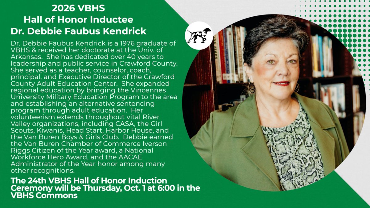 VBSDActivities's tweet photo. This Thursday, Oct. 1, these FOUR distinguished individuals will be inducted into the Van Buren High School Hall of Honor!
Tickets may be purchased in advance at the VBSD Administration Building for $10. Tickets will also be available at the door beginning at 5:30pm on Oct. 1! https://t.co/V3AL68NV3g