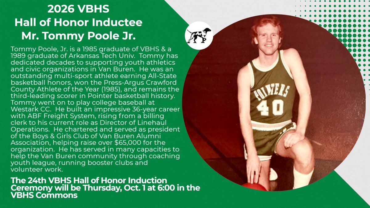 VBSDActivities's tweet photo. This Thursday, Oct. 1, these FOUR distinguished individuals will be inducted into the Van Buren High School Hall of Honor!
Tickets may be purchased in advance at the VBSD Administration Building for $10. Tickets will also be available at the door beginning at 5:30pm on Oct. 1! https://t.co/V3AL68NV3g