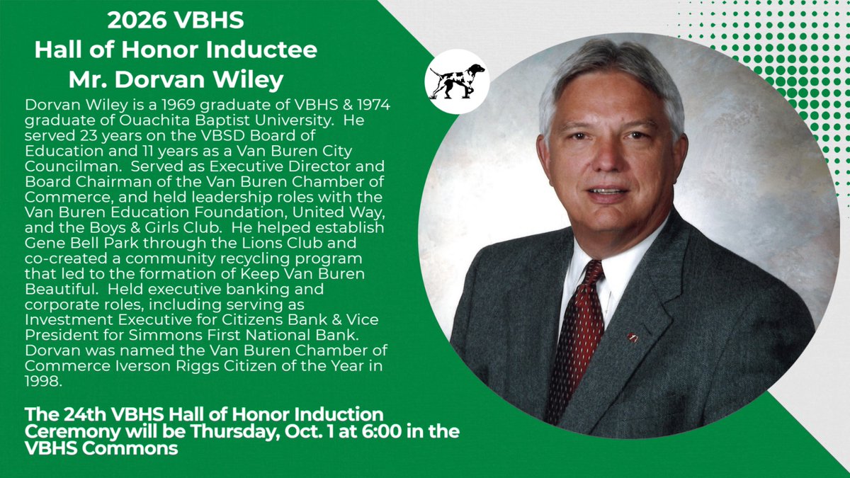 VBSDActivities's tweet photo. This Thursday, Oct. 1, these FOUR distinguished individuals will be inducted into the Van Buren High School Hall of Honor!
Tickets may be purchased in advance at the VBSD Administration Building for $10. Tickets will also be available at the door beginning at 5:30pm on Oct. 1! https://t.co/V3AL68NV3g